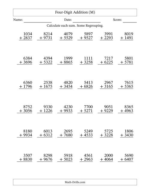 The Four-Digit Addition With Some Regrouping – 36 Questions (M) Math Worksheet