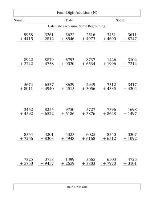 The Four-Digit Addition With Some Regrouping – 36 Questions (N) Math Worksheet
