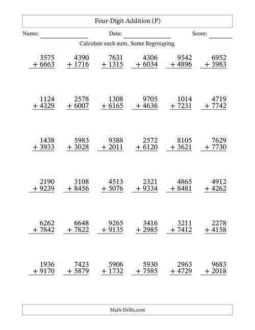 The Four-Digit Addition With Some Regrouping – 36 Questions (P) Math Worksheet