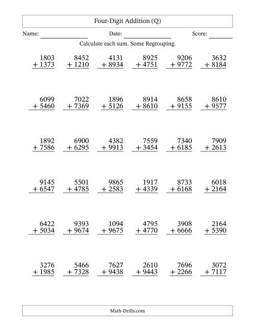 The Four-Digit Addition With Some Regrouping – 36 Questions (Q) Math Worksheet