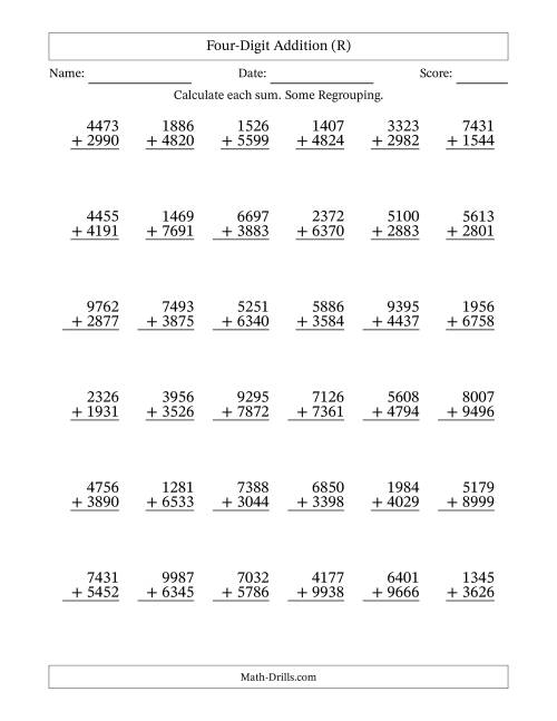 The Four-Digit Addition With Some Regrouping – 36 Questions (R) Math Worksheet