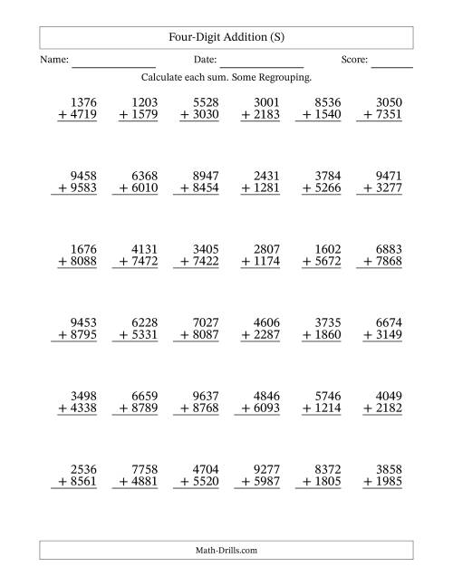 The Four-Digit Addition With Some Regrouping – 36 Questions (S) Math Worksheet