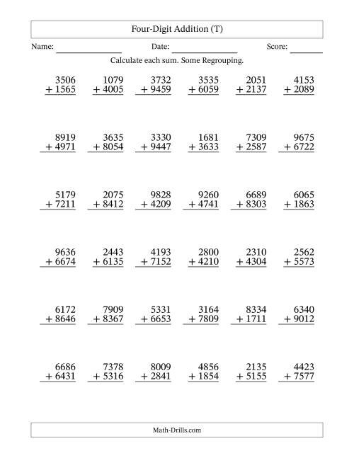 The Four-Digit Addition With Some Regrouping – 36 Questions (T) Math Worksheet