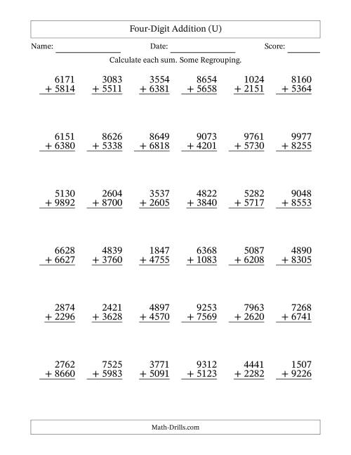 The Four-Digit Addition With Some Regrouping – 36 Questions (U) Math Worksheet