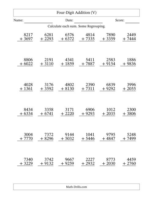 The Four-Digit Addition With Some Regrouping – 36 Questions (V) Math Worksheet