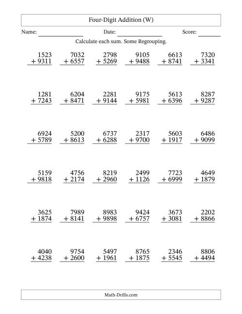 The Four-Digit Addition With Some Regrouping – 36 Questions (W) Math Worksheet