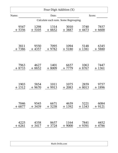 The Four-Digit Addition With Some Regrouping – 36 Questions (X) Math Worksheet