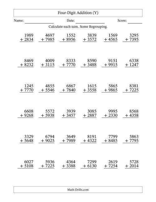 The Four-Digit Addition With Some Regrouping – 36 Questions (Y) Math Worksheet