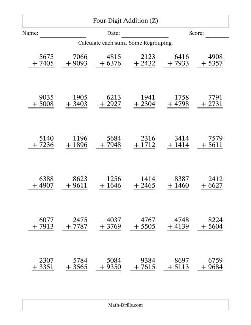 The Four-Digit Addition With Some Regrouping – 36 Questions (Z) Math Worksheet