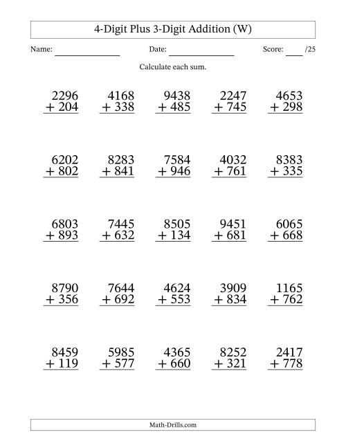The 4-Digit Plus 3-Digit Addition With Some Regrouping (25 Questions) (W) Math Worksheet