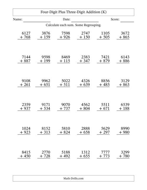 The Four-Digit Plus Three-Digit Addition With Some Regrouping – 36 Questions (K) Math Worksheet