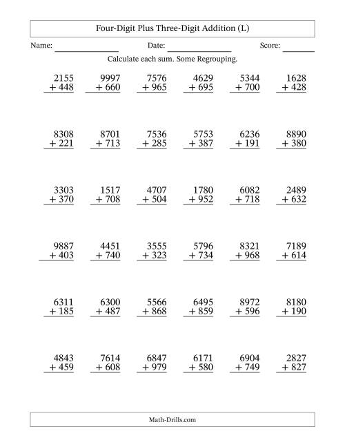 The Four-Digit Plus Three-Digit Addition With Some Regrouping – 36 Questions (L) Math Worksheet