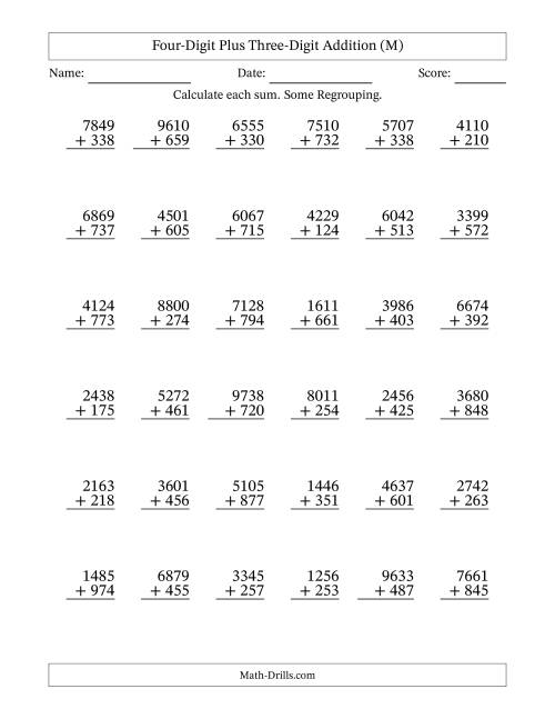 The Four-Digit Plus Three-Digit Addition With Some Regrouping – 36 Questions (M) Math Worksheet
