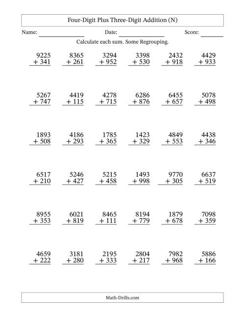 The Four-Digit Plus Three-Digit Addition With Some Regrouping – 36 Questions (N) Math Worksheet
