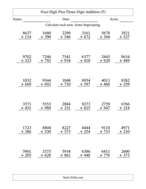 The Four-Digit Plus Three-Digit Addition With Some Regrouping – 36 Questions (P) Math Worksheet