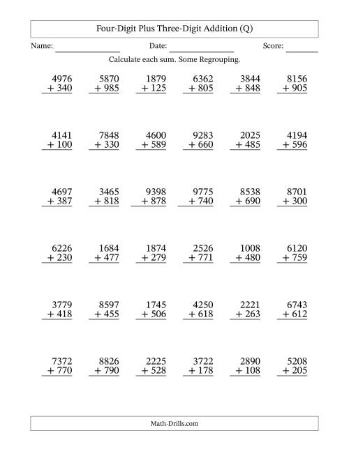 The Four-Digit Plus Three-Digit Addition With Some Regrouping – 36 Questions (Q) Math Worksheet