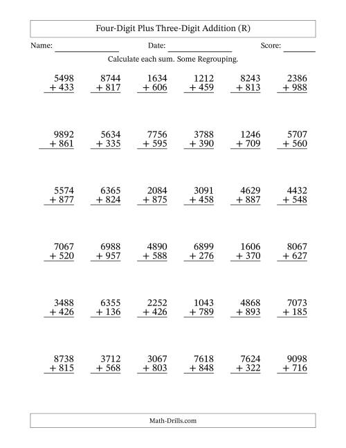 The Four-Digit Plus Three-Digit Addition With Some Regrouping – 36 Questions (R) Math Worksheet