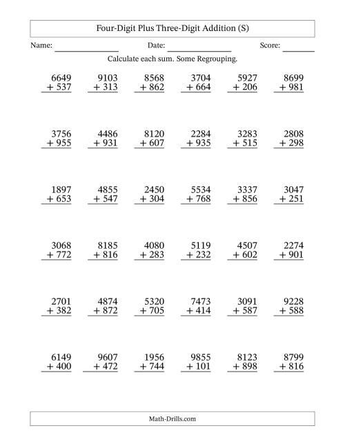 The Four-Digit Plus Three-Digit Addition With Some Regrouping – 36 Questions (S) Math Worksheet