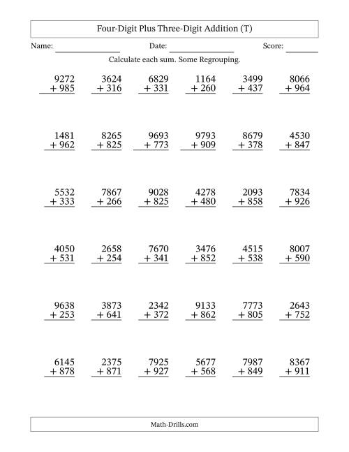 The Four-Digit Plus Three-Digit Addition With Some Regrouping – 36 Questions (T) Math Worksheet