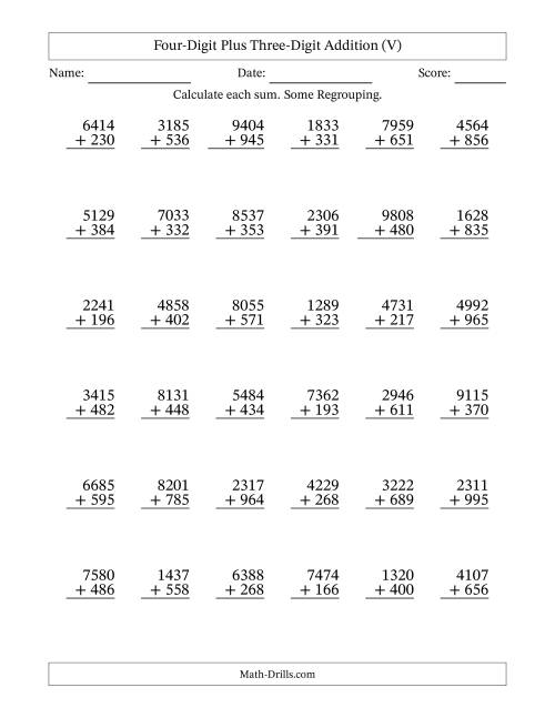 The Four-Digit Plus Three-Digit Addition With Some Regrouping – 36 Questions (V) Math Worksheet