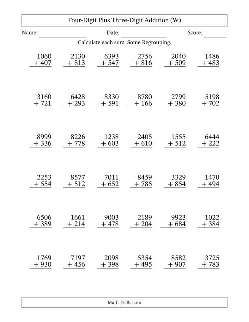 The Four-Digit Plus Three-Digit Addition With Some Regrouping – 36 Questions (W) Math Worksheet