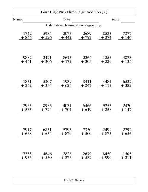 The Four-Digit Plus Three-Digit Addition With Some Regrouping – 36 Questions (X) Math Worksheet