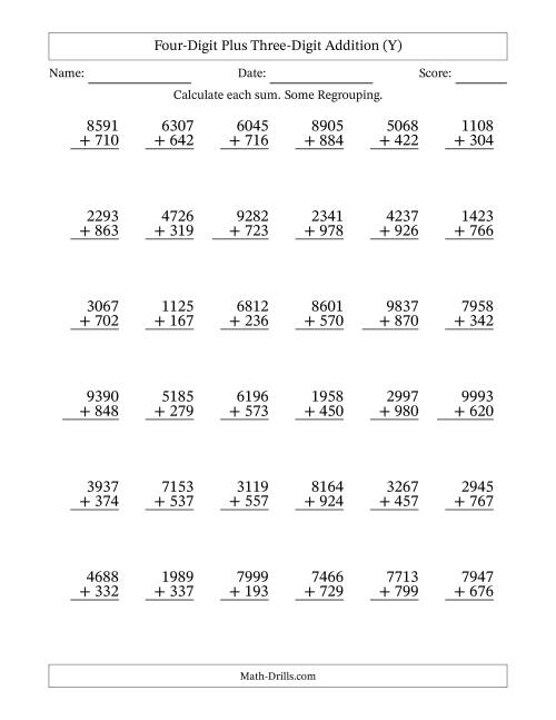 The Four-Digit Plus Three-Digit Addition With Some Regrouping – 36 Questions (Y) Math Worksheet