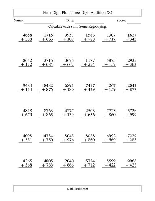The Four-Digit Plus Three-Digit Addition With Some Regrouping – 36 Questions (Z) Math Worksheet