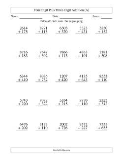 Four-Digit Plus Three-Digit Addition With No Regrouping – 25 Questions