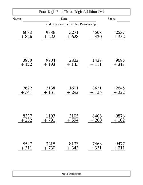 The Four-Digit Plus Three-Digit Addition With No Regrouping – 25 Questions (M) Math Worksheet