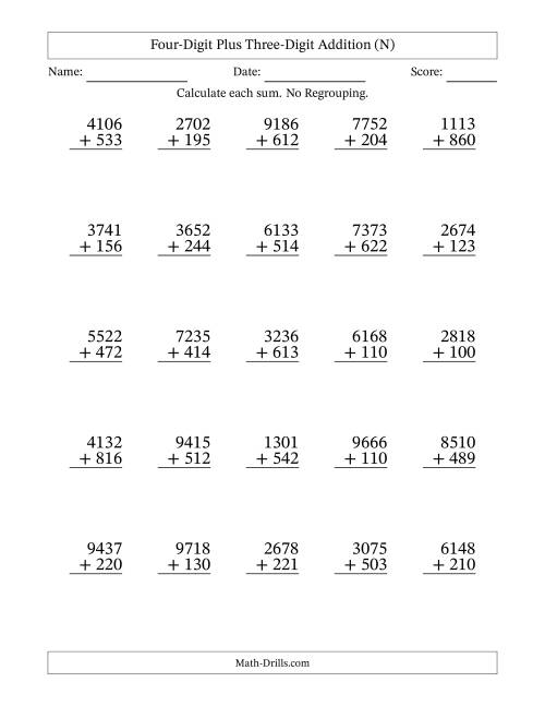 The Four-Digit Plus Three-Digit Addition With No Regrouping – 25 Questions (N) Math Worksheet