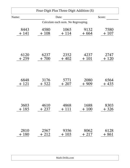 The Four-Digit Plus Three-Digit Addition With No Regrouping – 25 Questions (S) Math Worksheet