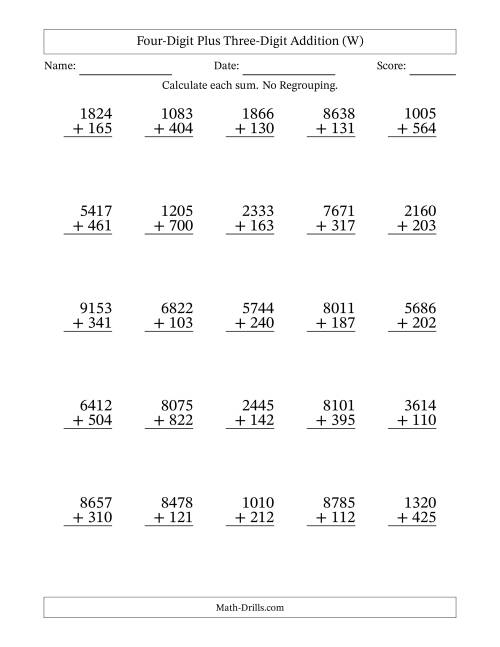 The Four-Digit Plus Three-Digit Addition With No Regrouping – 25 Questions (W) Math Worksheet