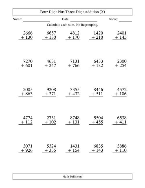 The Four-Digit Plus Three-Digit Addition With No Regrouping – 25 Questions (X) Math Worksheet