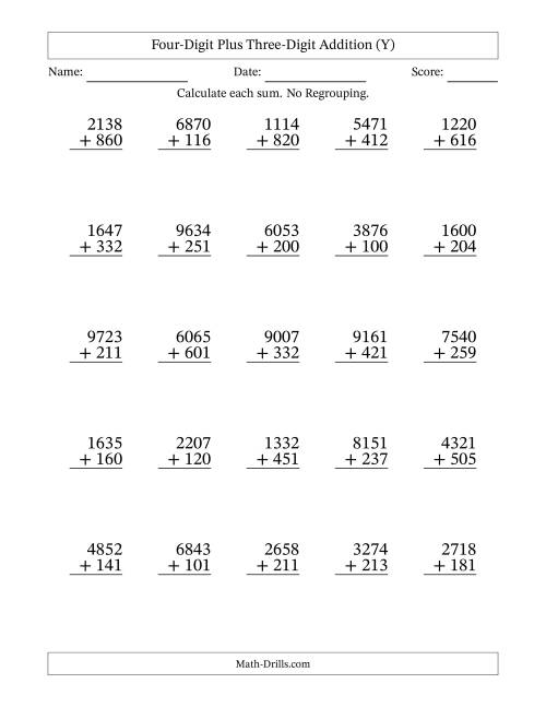 The Four-Digit Plus Three-Digit Addition With No Regrouping – 25 Questions (Y) Math Worksheet