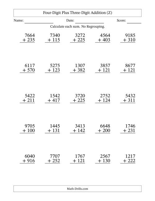 The Four-Digit Plus Three-Digit Addition With No Regrouping – 25 Questions (Z) Math Worksheet