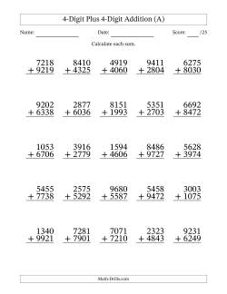 4-Digit Plus 4-Digit Addition With Some Regrouping (25 Questions)