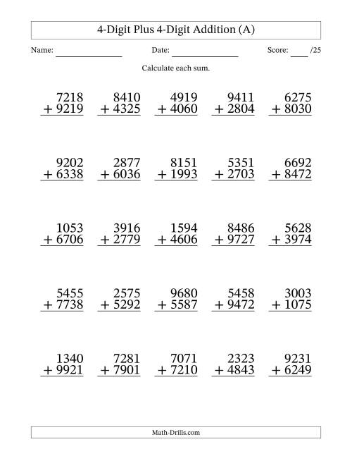 4 Digit Plus 4 Digit Addition With Some Regrouping 25 Questions A 