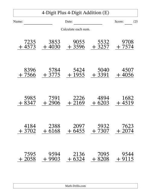 4-Digit Plus 4-Digit Addition With Some Regrouping (25 Questions) (E)