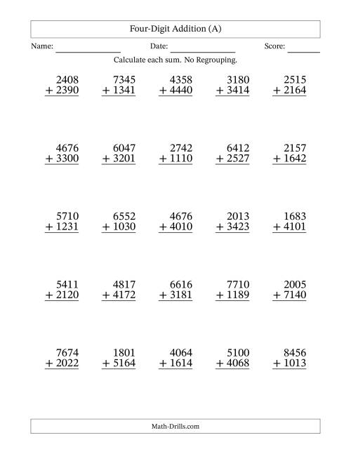 The 4-Digit Plus 4-Digit Addition with NO Regrouping (A) Math Worksheet