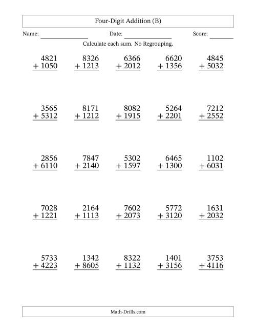 The 4-Digit Plus 4-Digit Addition with NO Regrouping (B) Math Worksheet