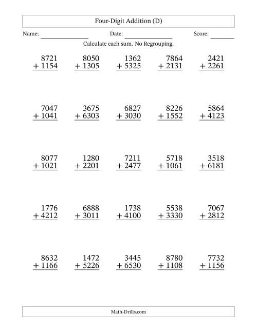 The 4-Digit Plus 4-Digit Addition with NO Regrouping (D) Math Worksheet