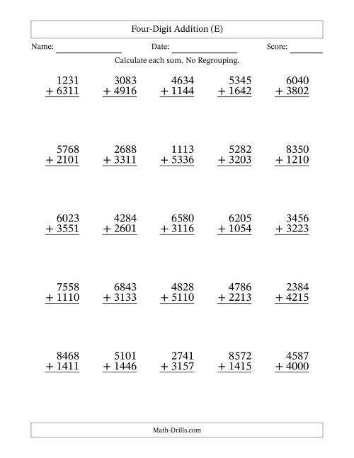 The 4-Digit Plus 4-Digit Addition with NO Regrouping (E) Math Worksheet