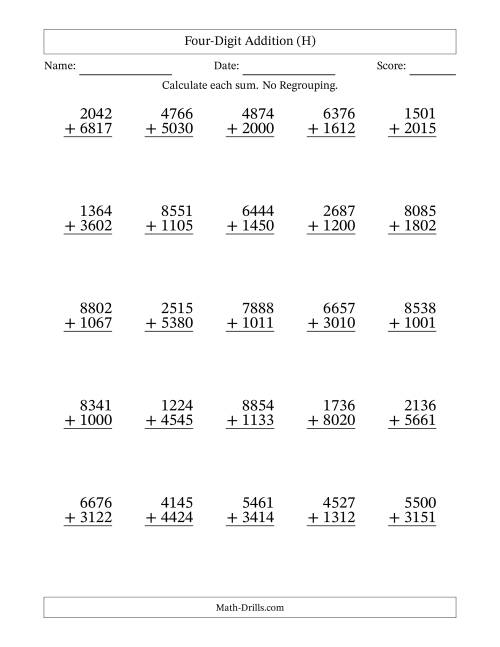The 4-Digit Plus 4-Digit Addition with NO Regrouping (H) Math Worksheet