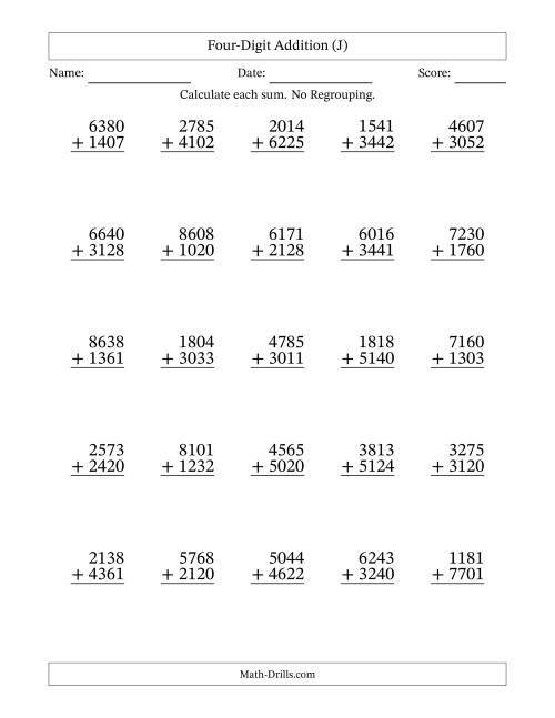 The 4-Digit Plus 4-Digit Addition with NO Regrouping (J) Math Worksheet