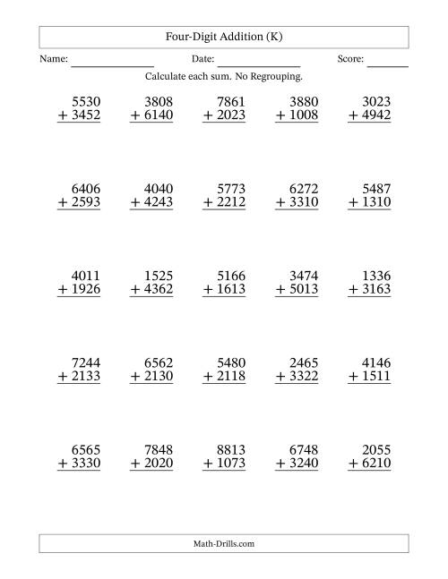 The Four-Digit Addition With No Regrouping – 25 Questions (K) Math Worksheet