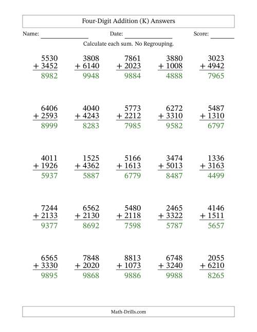 The Four-Digit Addition With No Regrouping – 25 Questions (K) Math Worksheet Page 2