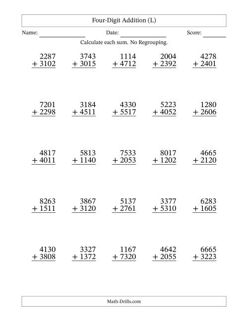 The Four-Digit Addition With No Regrouping – 25 Questions (L) Math Worksheet