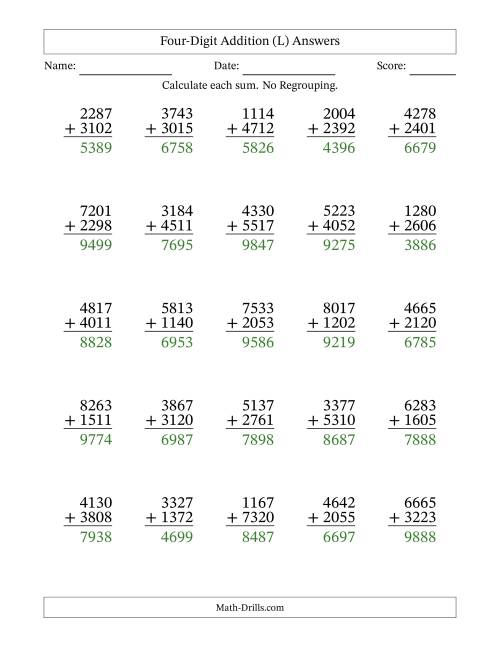 The Four-Digit Addition With No Regrouping – 25 Questions (L) Math Worksheet Page 2