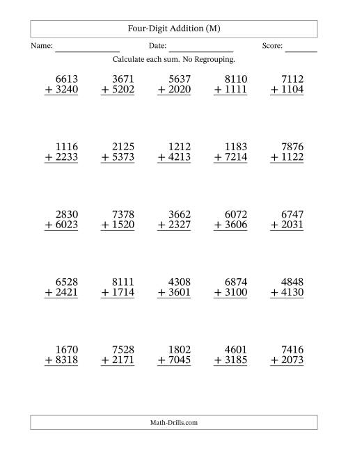 The Four-Digit Addition With No Regrouping – 25 Questions (M) Math Worksheet